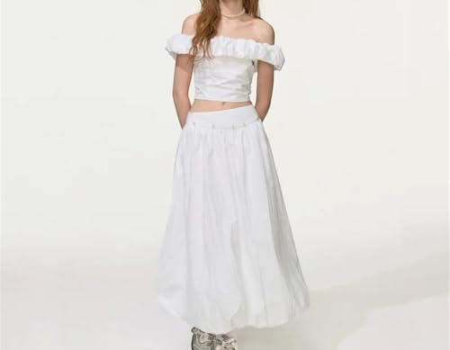 Conjunto de top corto y falda con hombros descubiertos para mujer, adornado con perlas, T006 Qz007-blanco, XS
