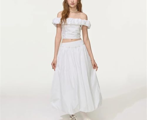 Conjunto de top corto y falda con hombros descubiertos para mujer, adornado con perlas, T006 Qz007-blanco, XS