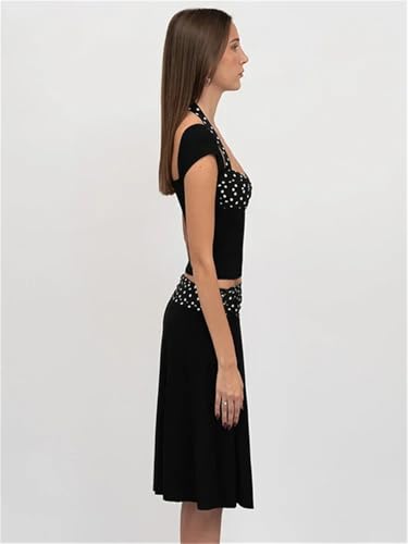Conjunto de 2 piezas para mujer, minifalda con cordones, espalda descubierta, top corto y falda de cintura alta, Negro, S