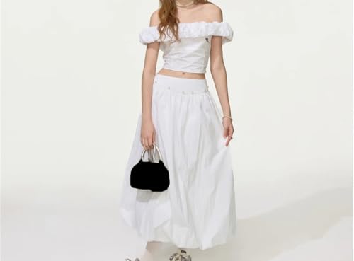 Conjunto de top corto y falda con hombros descubiertos para mujer, adornado con perlas, T006 Qz007-blanco, XS