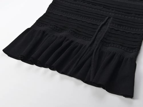 Traje de punto de alta calle para mujer, cuello cuadrado, sin mangas, camiseta corta sin mangas, falda midi con dobladillo con volantes, para mujer, conjunto liso, Negro, L