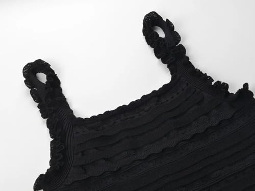 Traje de punto de alta calle para mujer, cuello cuadrado, sin mangas, camiseta corta sin mangas, falda midi con dobladillo con volantes, para mujer, conjunto liso, Negro, L