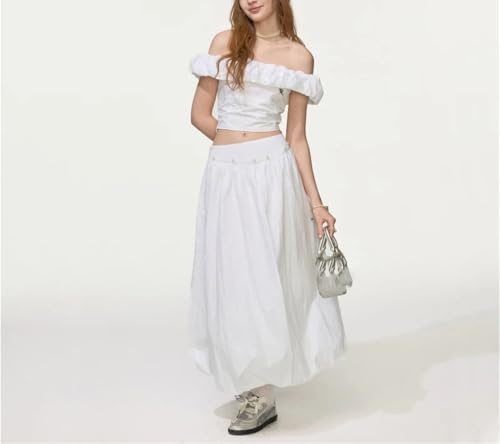 Conjunto de top corto y falda con hombros descubiertos para mujer, adornado con perlas, T006 Qz007-blanco, XS