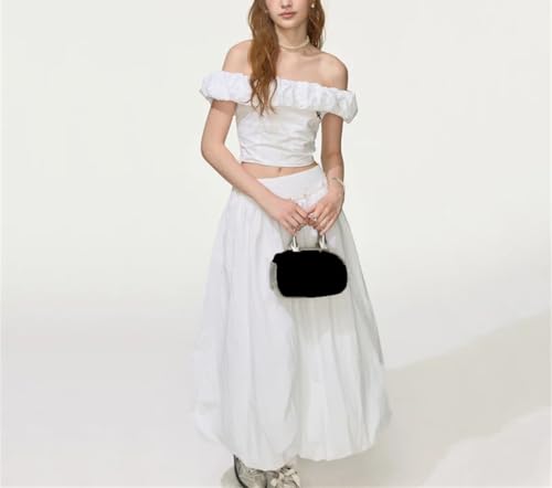 Conjunto de top corto y falda con hombros descubiertos para mujer, adornado con perlas, T006 Qz007-blanco, XS