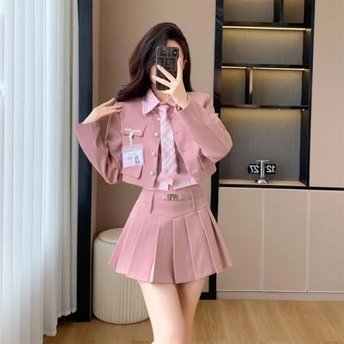 Traje de manga larga para mujer, falda plisada, uniforme de tres piezas, conjunto diario, Color1 - Juego de 3 piezas, M