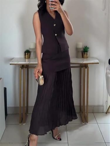 Traje de punto vintage para mujer, cuello en V, sin mangas, con un solo botonadura, falda recta larga empalmada, Traje, S