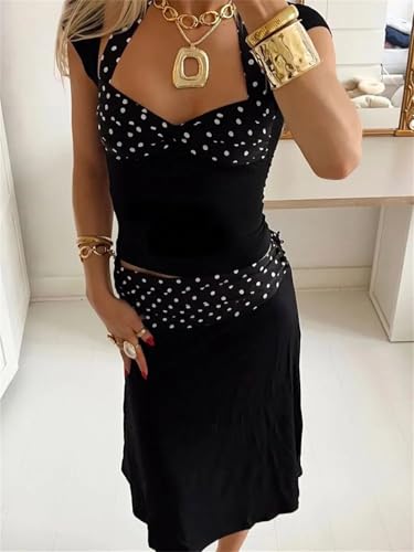 Conjunto de 2 piezas para mujer, minifalda con cordones, espalda descubierta, top corto y falda de cintura alta, Negro, S