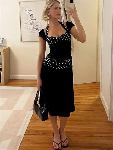 Conjunto de 2 piezas para mujer, minifalda con cordones, espalda descubierta, top corto y falda de cintura alta, Negro, S