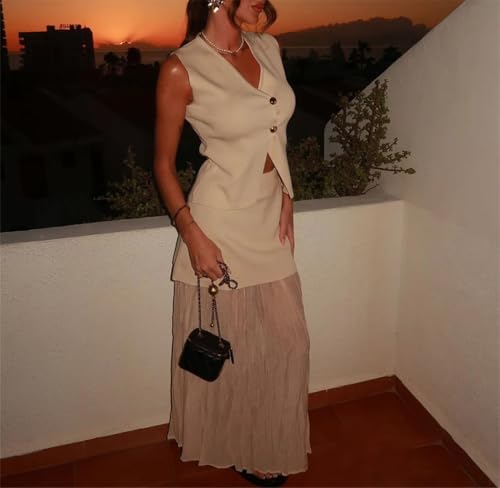 Traje de punto vintage para mujer, cuello en V, sin mangas, con un solo botonadura, falda recta larga empalmada, Traje, S