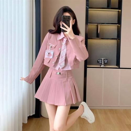 Traje de manga larga para mujer, falda plisada, uniforme de tres piezas, conjunto diario, Color1 - Juego de 3 piezas, M