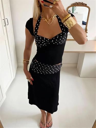 Conjunto de 2 piezas para mujer, minifalda con cordones, espalda descubierta, top corto y falda de cintura alta, Negro, S