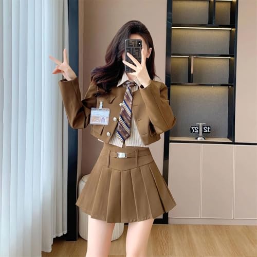 Traje de manga larga para mujer, falda plisada, uniforme de tres piezas, conjunto diario, Color1 - Juego de 3 piezas, M