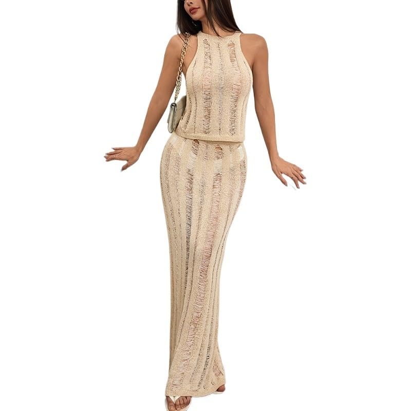 WXBCDS Vestido Playa Mujer Top sin Mangas, Falda Larga, Tejido de Punto, for Playa, for Mujer(White,M)