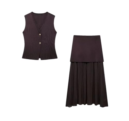 Traje de punto vintage para mujer, cuello en V, sin mangas, con un solo botonadura, falda recta larga empalmada, Traje, S