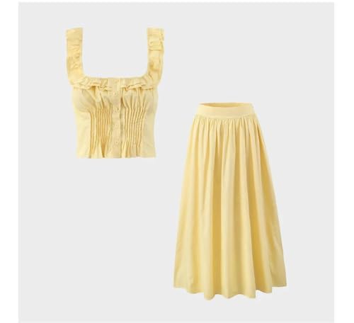 Conjunto de 2 piezas para mujer, estilo retro francés, camisola sin mangas con volantes y falda de cintura alta, para primavera y verano, Traje amarillo, S