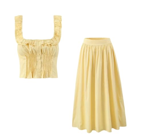 Conjunto de 2 piezas para mujer, estilo retro francés, camisola sin mangas con volantes y falda de cintura alta, para primavera y verano, Traje amarillo, S