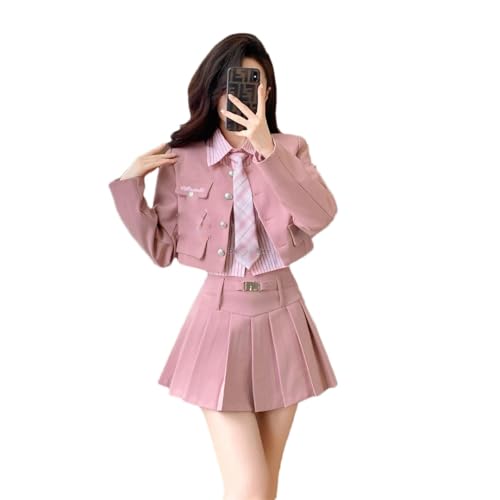 Traje de manga larga para mujer, falda plisada, uniforme de tres piezas, conjunto diario, Color1 - Juego de 3 piezas, M