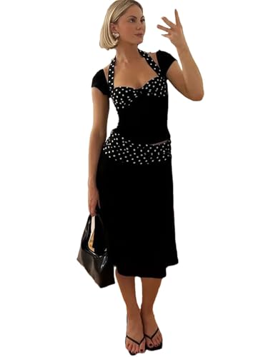 Conjunto de 2 piezas para mujer, minifalda con cordones, espalda descubierta, top corto y falda de cintura alta, Negro, S