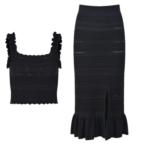 Traje de punto de alta calle para mujer, cuello cuadrado, sin mangas, camiseta corta sin mangas, falda midi con dobladillo con volantes, para mujer, conjunto liso, Negro, L