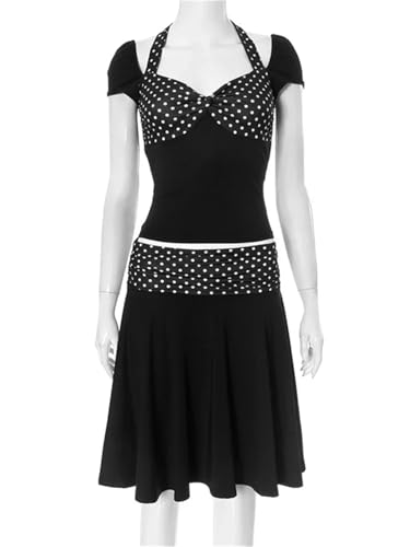 Conjunto de 2 piezas para mujer, minifalda con cordones, espalda descubierta, top corto y falda de cintura alta, Negro, S