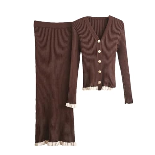 Conjunto de 2 piezas de punto con cuello en V para mujer, falda de cintura alta, con volantes delgados y empalmes, café, S