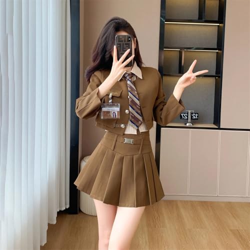 Traje de manga larga para mujer, falda plisada, uniforme de tres piezas, conjunto diario, Color1 - Juego de 3 piezas, M
