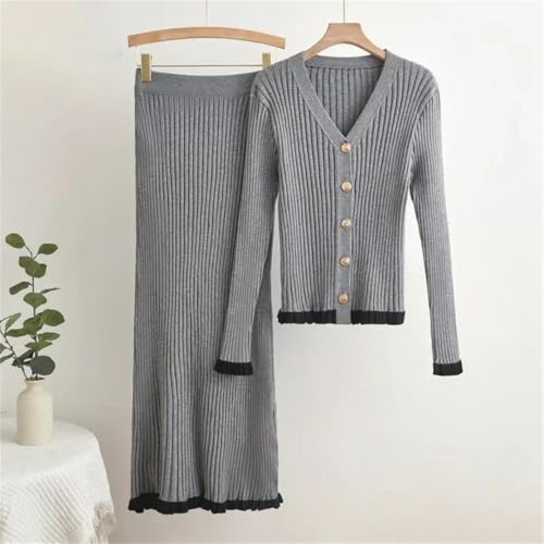 Conjunto de 2 piezas de punto con cuello en V para mujer, falda de cintura alta, con volantes delgados y empalmes, café, S
