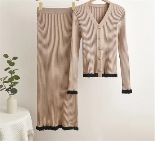 Conjunto de 2 piezas de punto con cuello en V para mujer, falda de cintura alta, con volantes delgados y empalmes, café, S