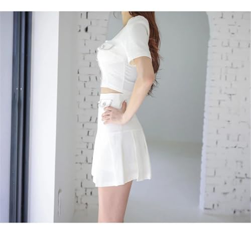 Conjunto de 2 piezas para mujer, parte superior corta con botones + falda plisada acampanada, falda casual para oficina, blanco, L