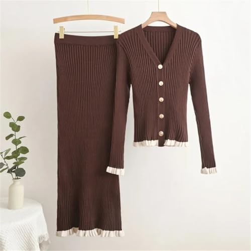 Conjunto de 2 piezas de punto con cuello en V para mujer, falda de cintura alta, con volantes delgados y empalmes, café, S