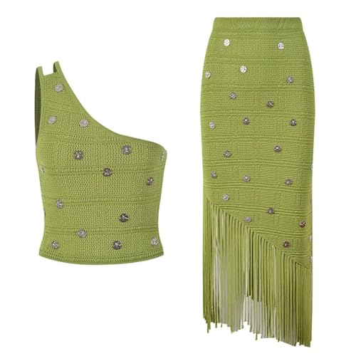 Conjunto de cuello irregular para mujer, camiseta sin mangas y falda con dobladillo con flecos, botones de verano, maxifaldas, Top, S