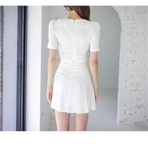Conjunto de 2 piezas para mujer, parte superior corta con botones + falda plisada acampanada, falda casual para oficina, blanco, L