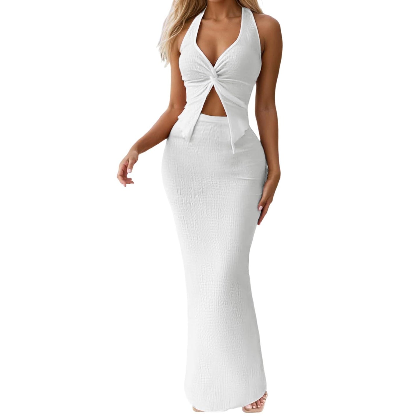 Conjunto de dos piezas para mujer, top corto y falda larga, ideal para vacaciones de verano Peleles cortos blancos para mujeres, blanco, XL