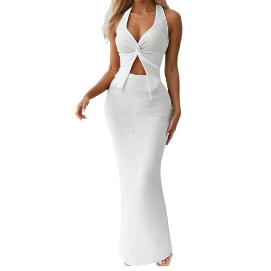 Conjunto de dos piezas para mujer, top corto y falda larga, ideal para vacaciones de verano Peleles cortos blancos para mujeres, blanco, XL