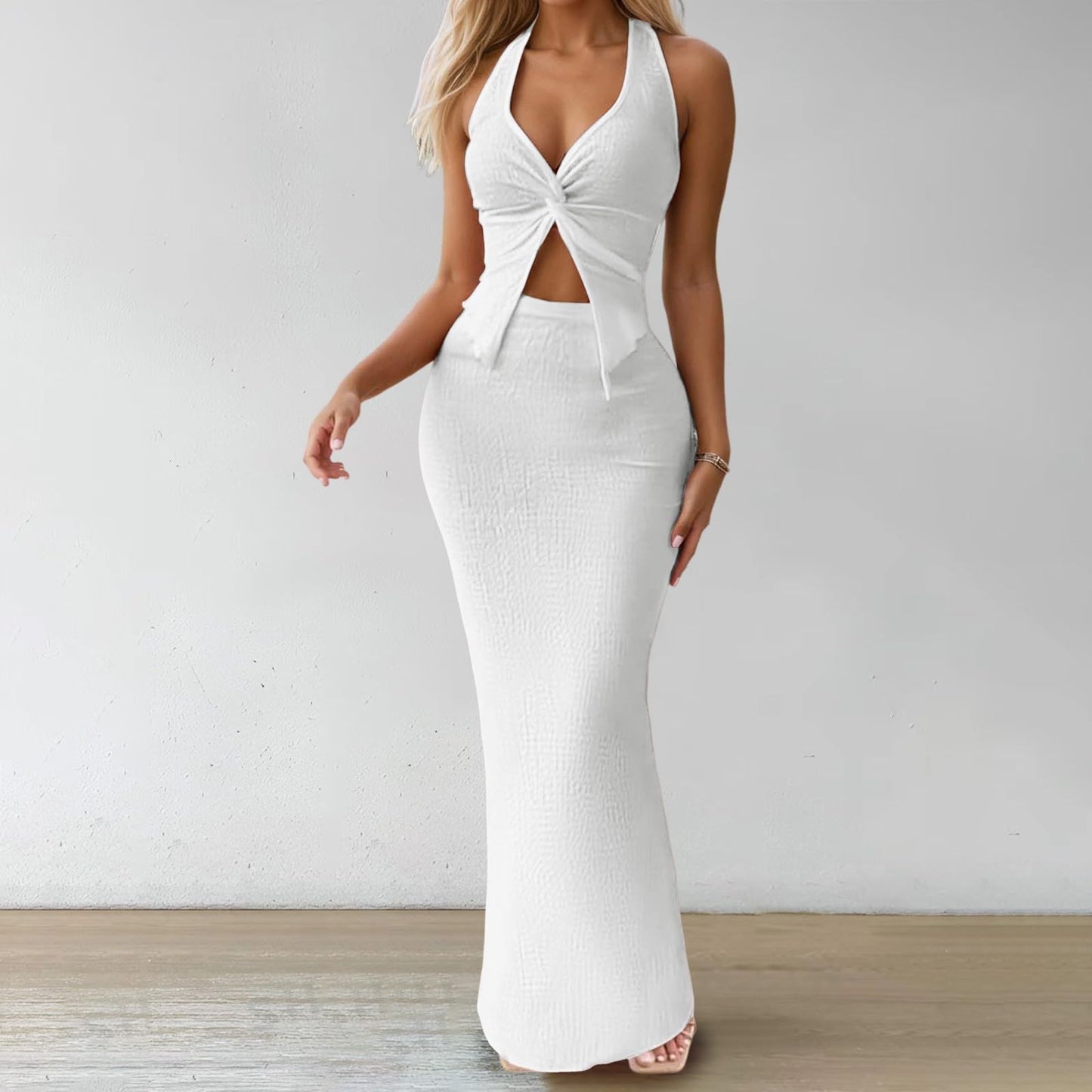 Conjunto de dos piezas para mujer, top corto y falda larga, ideal para vacaciones de verano Peleles cortos blancos para mujeres, blanco, XL
