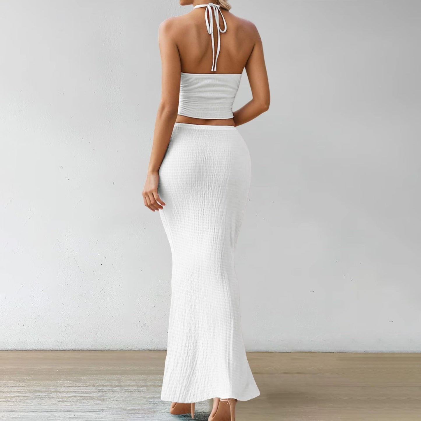 Conjunto de dos piezas para mujer, top corto y falda larga, ideal para vacaciones de verano Peleles cortos blancos para mujeres, blanco, XL